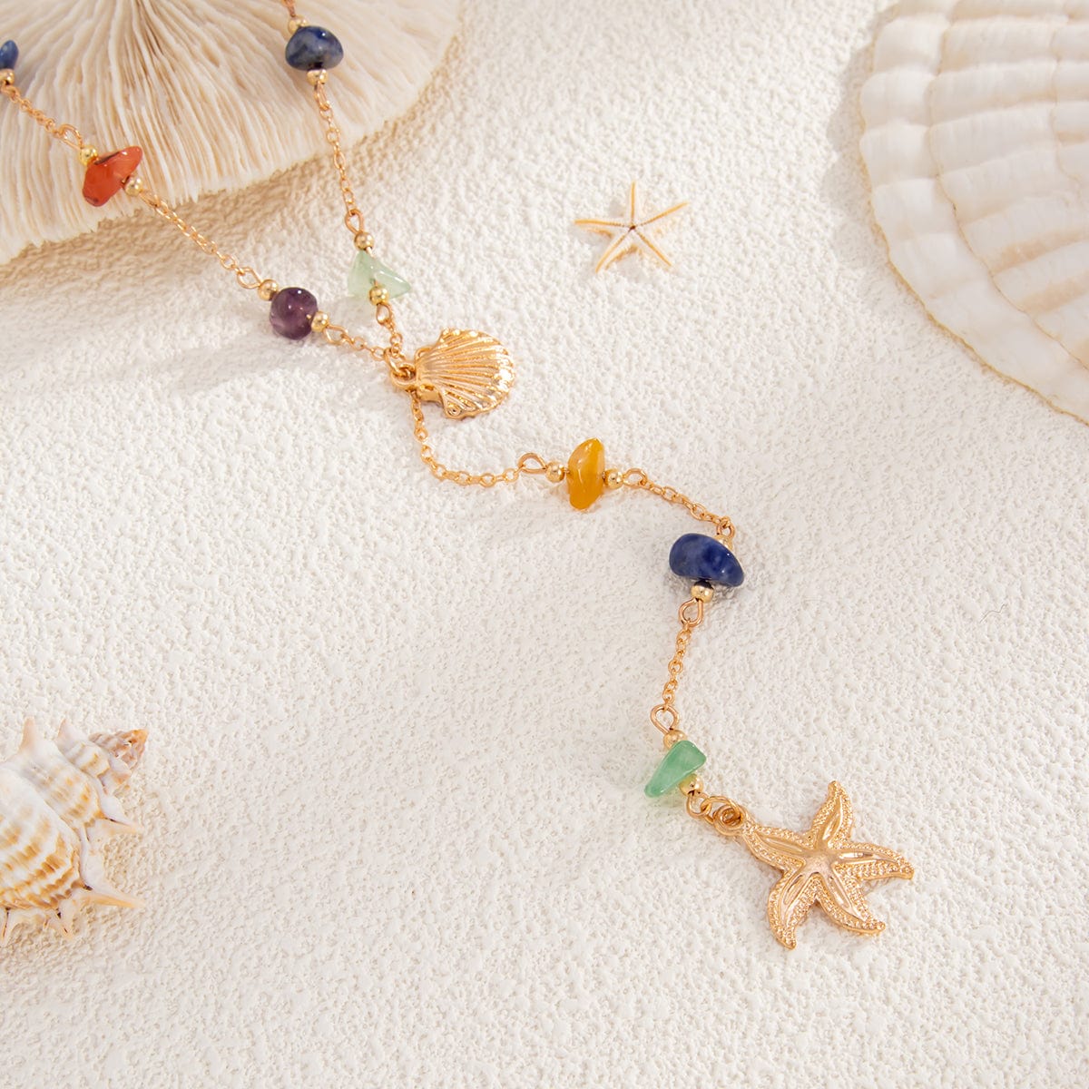 Boho Starfish Shell Pendant Turquoise Stone Chain Y Necklace - ArtGalleryZen