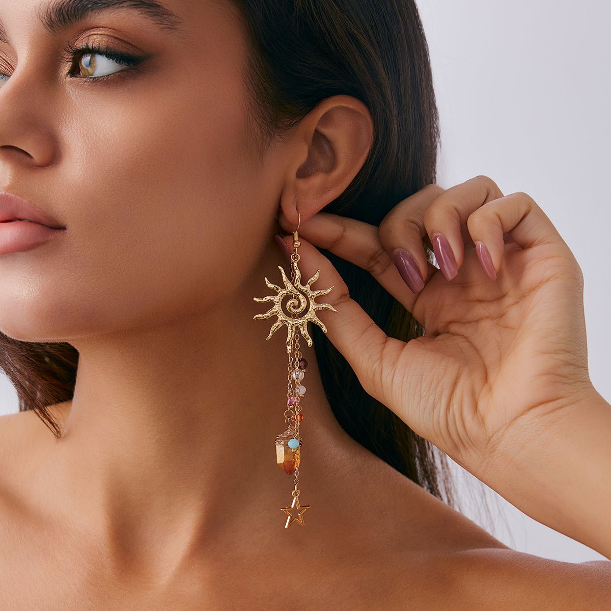 Boho Sun Star Healing Crystal Dangle Earrings - ArtGalleryZen