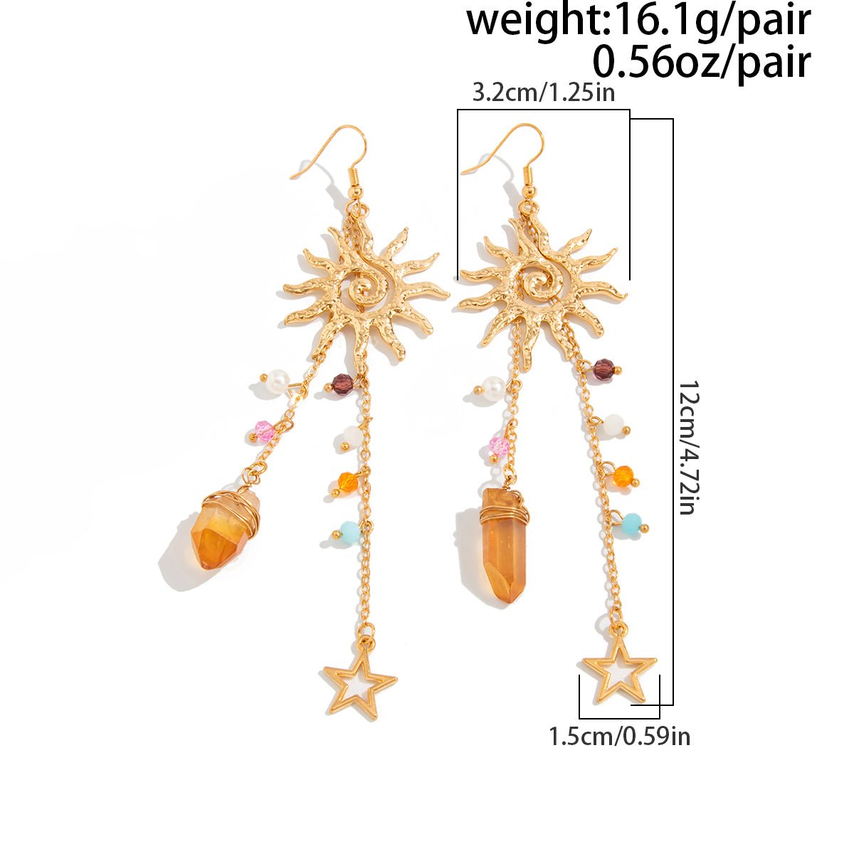 Boho Sun Star Healing Crystal Dangle Earrings - ArtGalleryZen