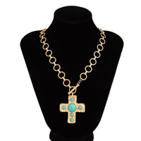 Thumbnail for Boho Toggle Clasp Turquoise Inlaid Cross Pendant Cable Chain Necklace - ArtGalleryZen