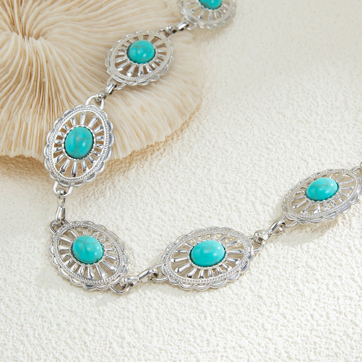 Boho Turquoise Inlaid Floral Oval Disk Waist Chain - ArtGalleryZen