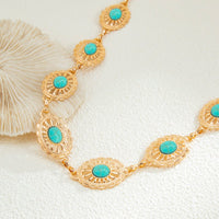 Thumbnail for Boho Turquoise Inlaid Floral Oval Disk Waist Chain - ArtGalleryZen