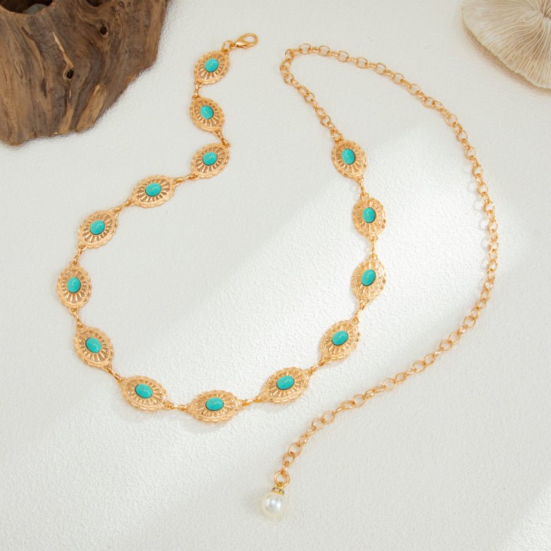 Boho Turquoise Inlaid Floral Oval Disk Waist Chain - ArtGalleryZen