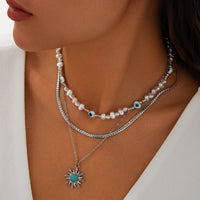 Thumbnail for Boho Turquoise Sun Pendant Evil Eye Pearl Chain Necklace Set - ArtGalleryZen