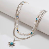Thumbnail for Boho Turquoise Sun Pendant Evil Eye Pearl Chain Necklace Set - ArtGalleryZen