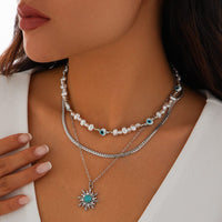 Thumbnail for Boho Turquoise Sun Pendant Evil Eye Pearl Chain Necklace Set - ArtGalleryZen
