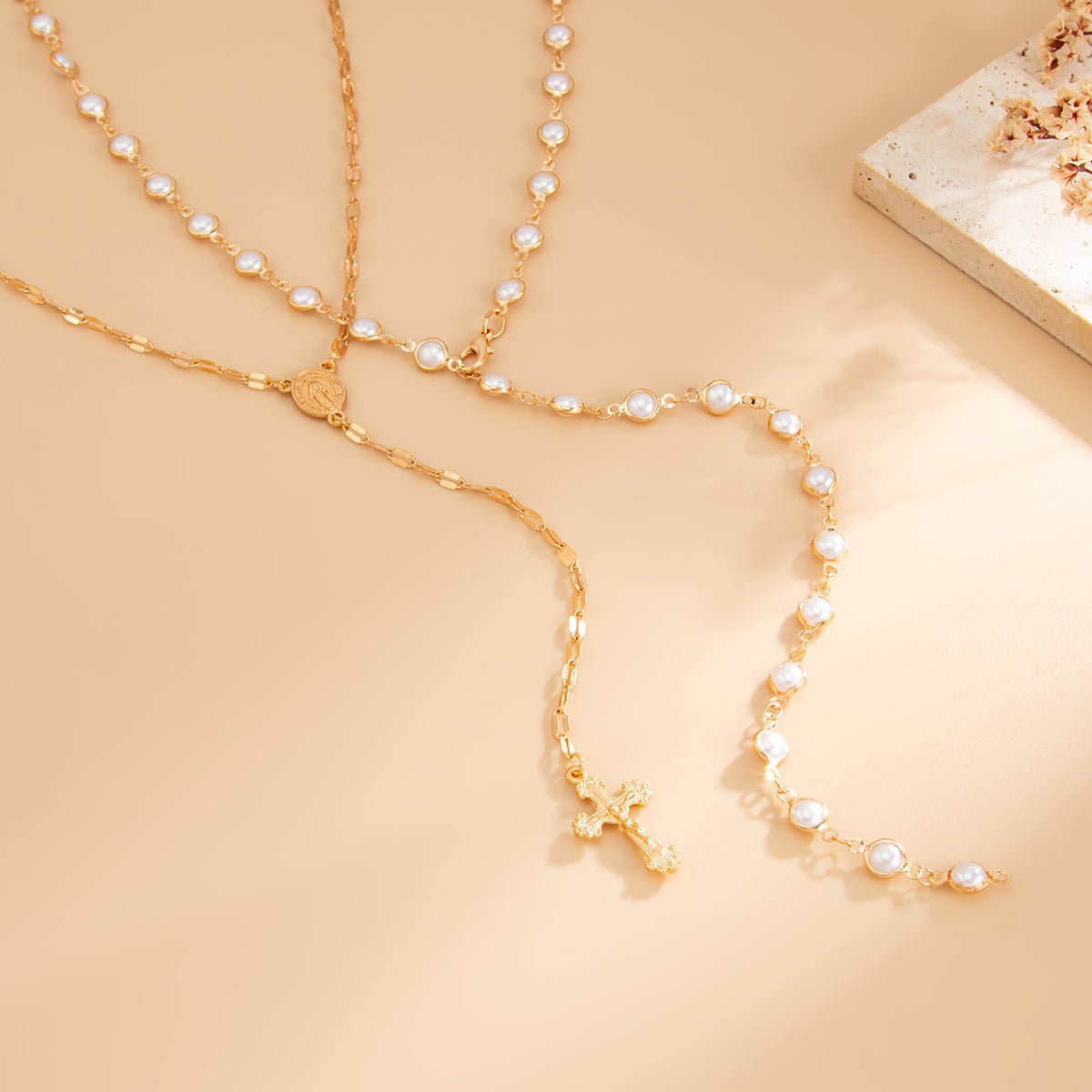 Charming 2pcs Cross Pendant Pearl Chain Y Necklace Set - ArtGalleryZen