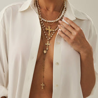 Thumbnail for Charming 4pcs Cross Pendant Pearl Long Chain Y Necklace Set - ArtGalleryZen