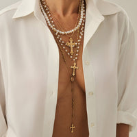 Thumbnail for Charming 4pcs Cross Pendant Pearl Long Chain Y Necklace Set - ArtGalleryZen
