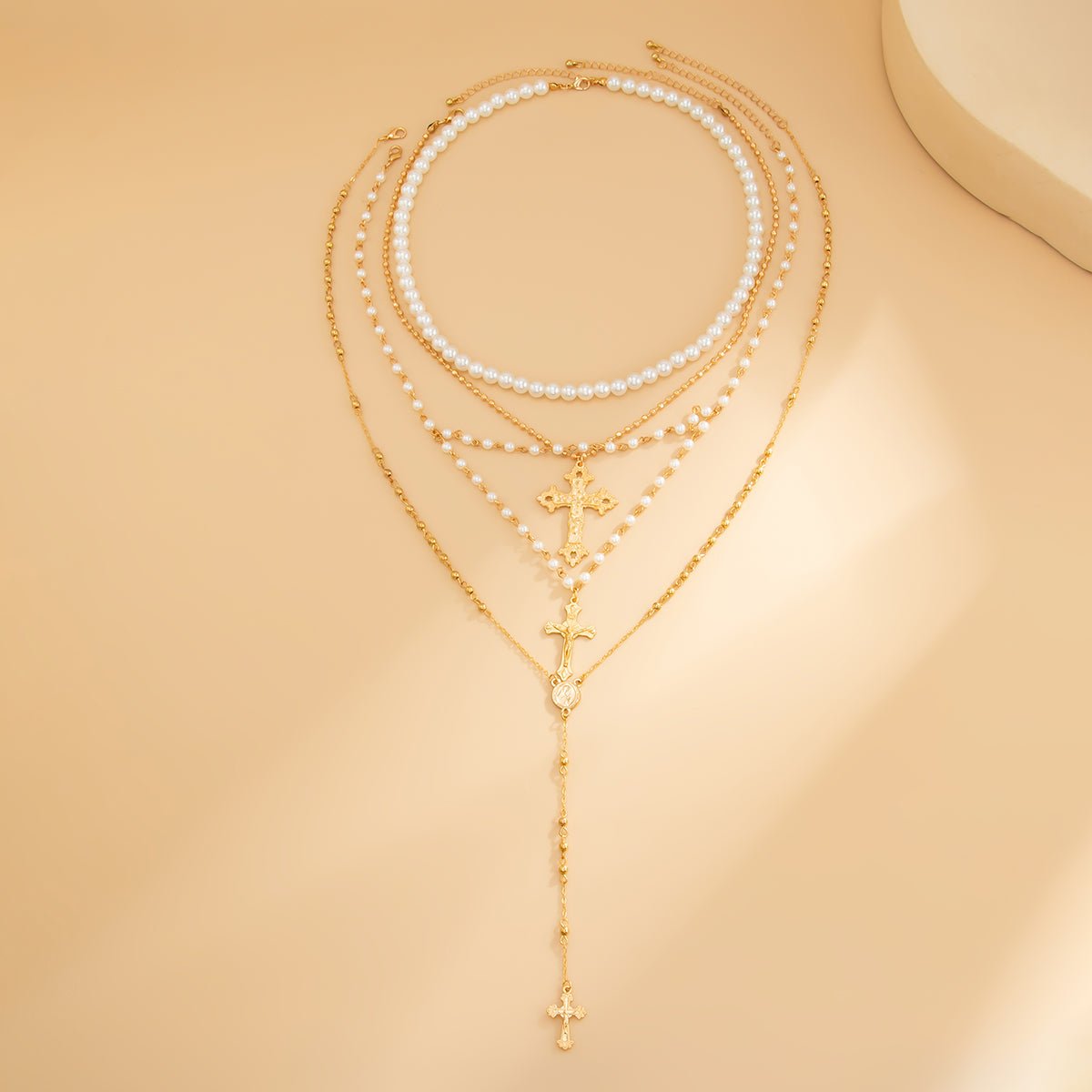Charming 4pcs Cross Pendant Pearl Long Chain Y Necklace Set - ArtGalleryZen