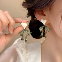 Thumbnail for Charming Enamel Heart Dangling Ribbon Bowknot Earrings - ArtGalleryZen