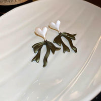 Thumbnail for Charming Enamel Heart Dangling Ribbon Bowknot Earrings - ArtGalleryZen