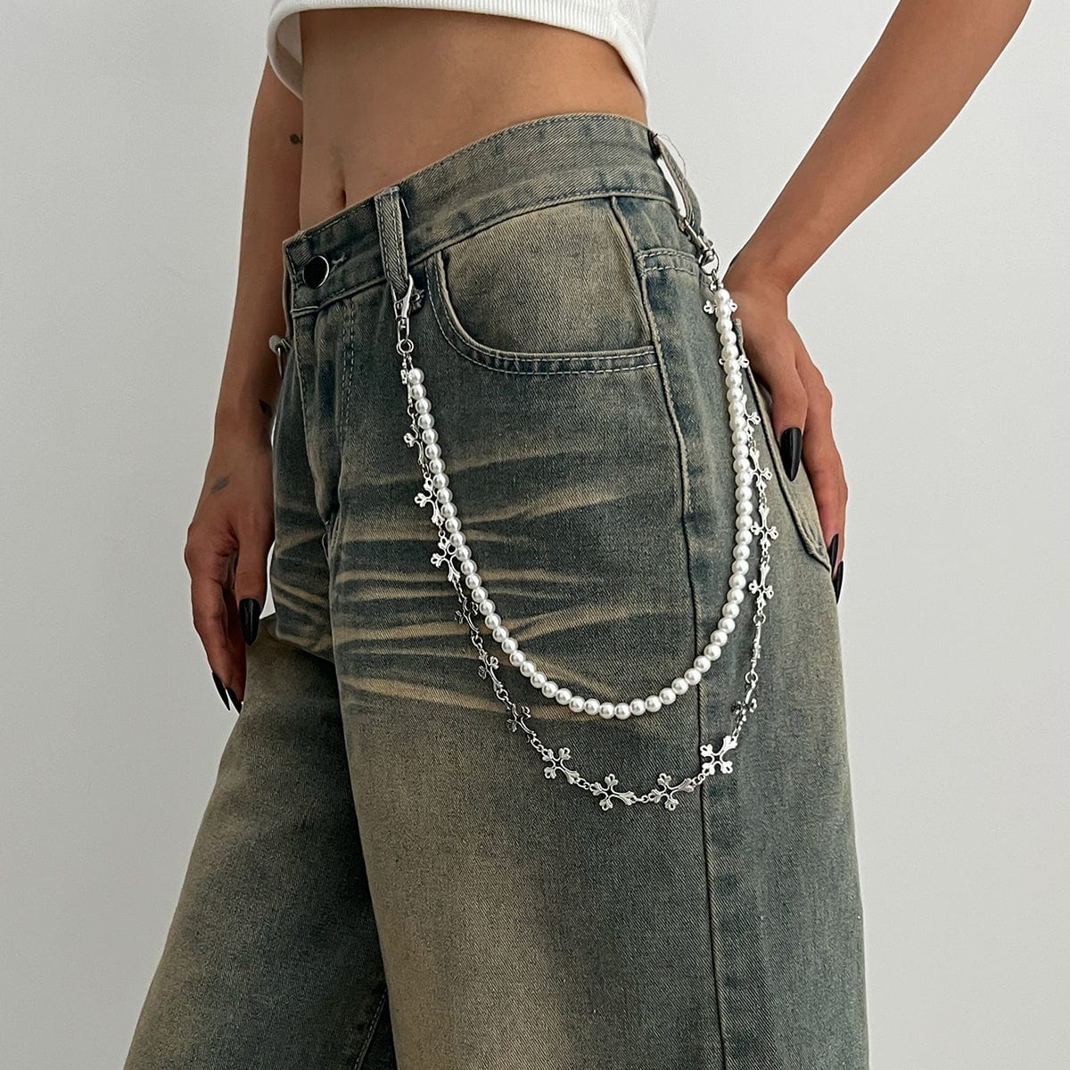 Charming Layered Cross Pearl Trouser Chain - ArtGalleryZen