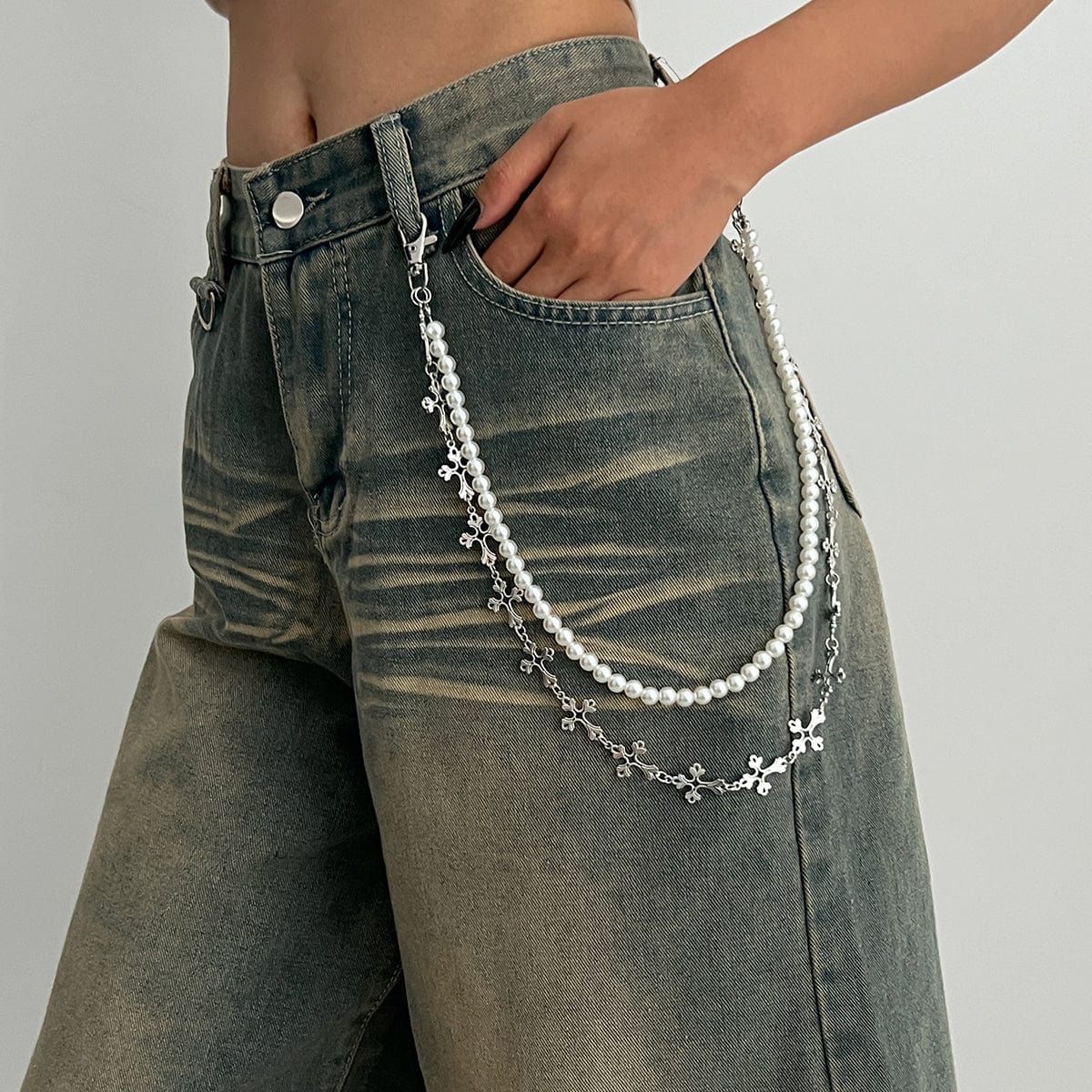 Charming Layered Cross Pearl Trouser Chain - ArtGalleryZen