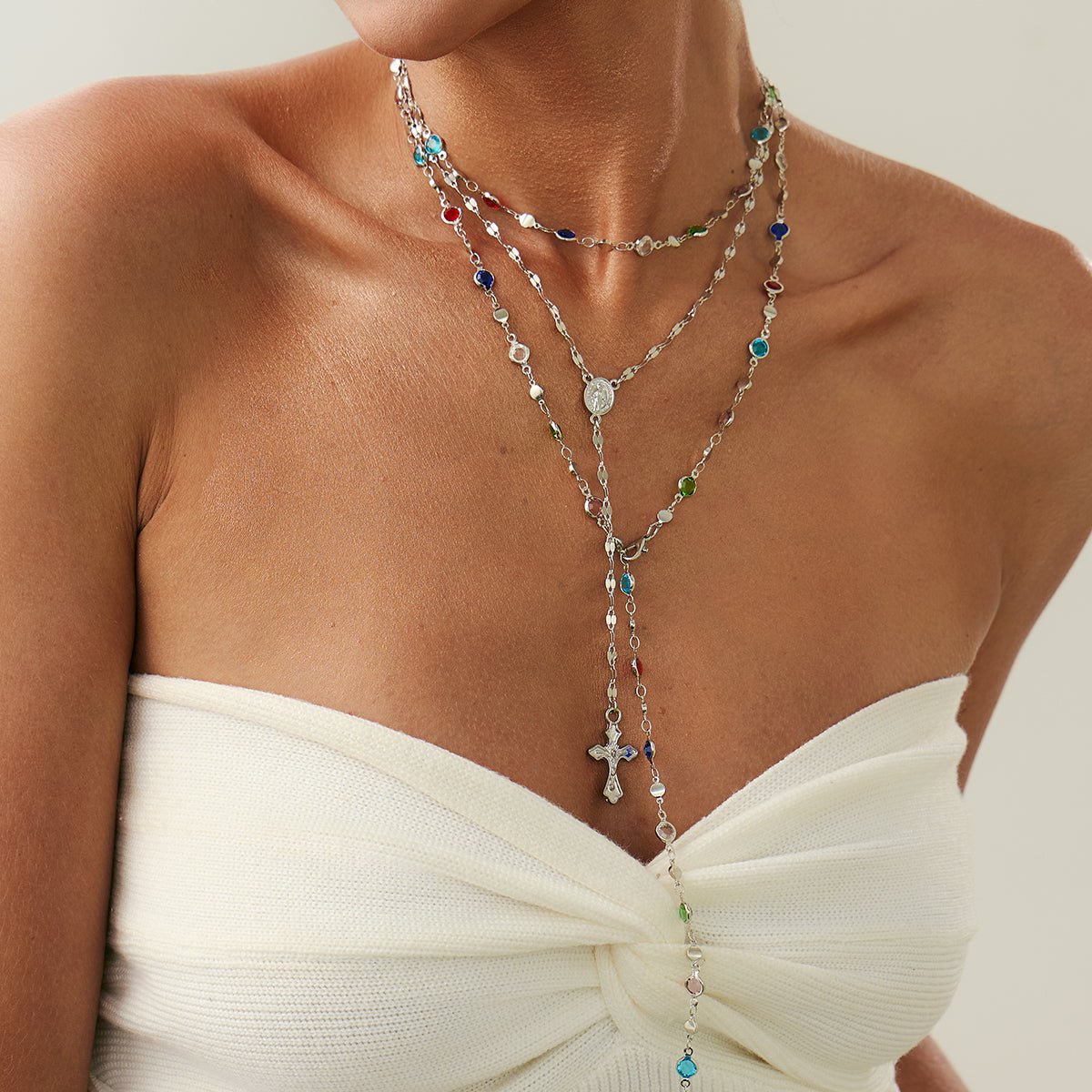 Charming Layered Cross Pendant Colorful Crystal Chain Y Necklace Set - ArtGalleryZen