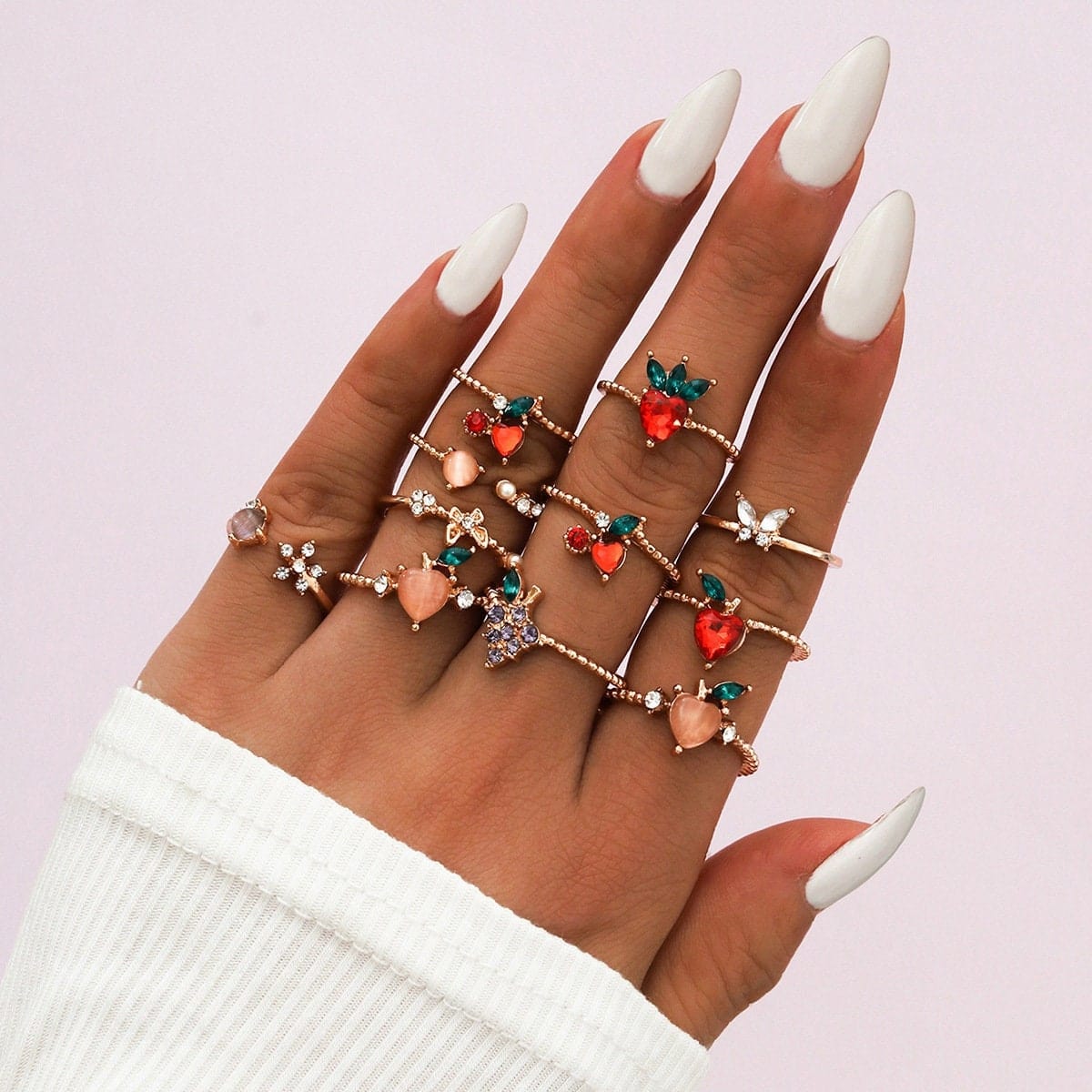 Chic 10 Pieces Colorful Crystal Fruits Rings Set - ArtGalleryZen