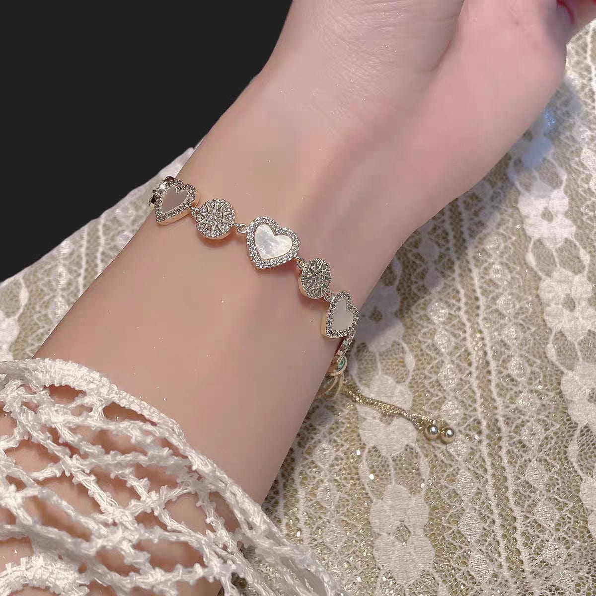 Chic 24k Gold CZ Inlaid Natural Pearl Shell Heart Bracelet - ArtGalleryZen