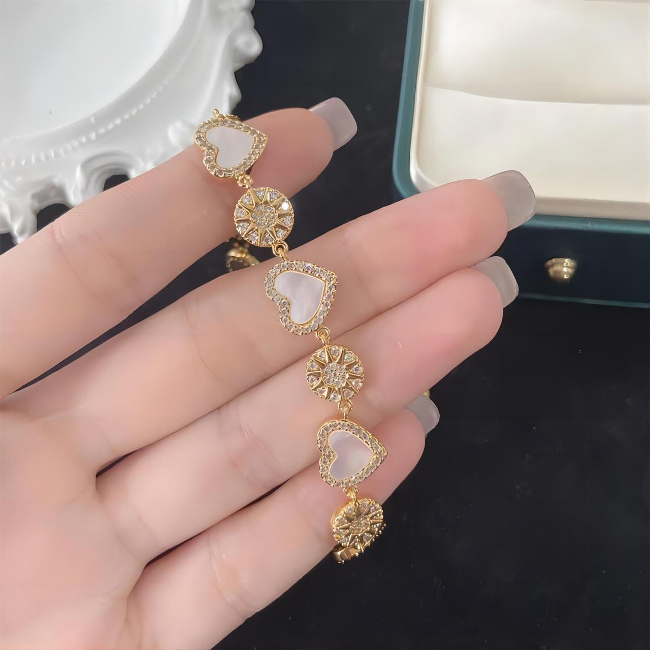 Chic 24k Gold CZ Inlaid Natural Pearl Shell Heart Bracelet - ArtGalleryZen