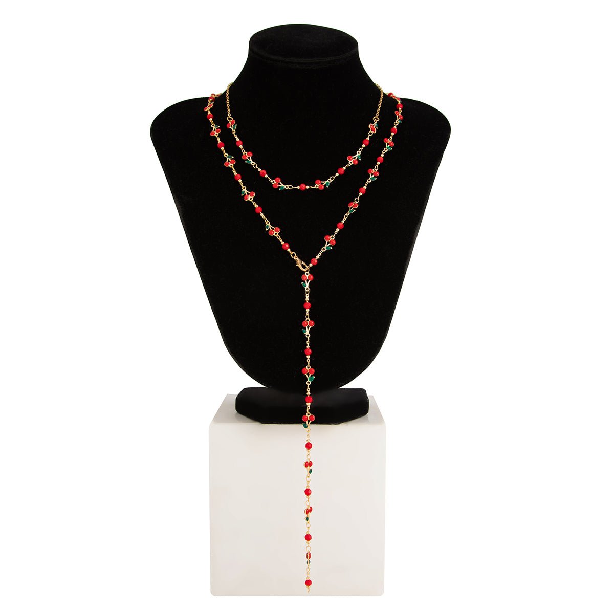 Chic 2pcs Enamel Cherry Rhinestone Chain Y Necklace Set - ArtGalleryZen