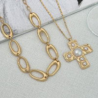 Thumbnail for Chic 2pcs Gold Tone Pearl Inlaid Cross Pendant Necklace Set - ArtGalleryZen