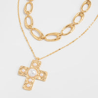 Thumbnail for Chic 2pcs Gold Tone Pearl Inlaid Cross Pendant Necklace Set - ArtGalleryZen