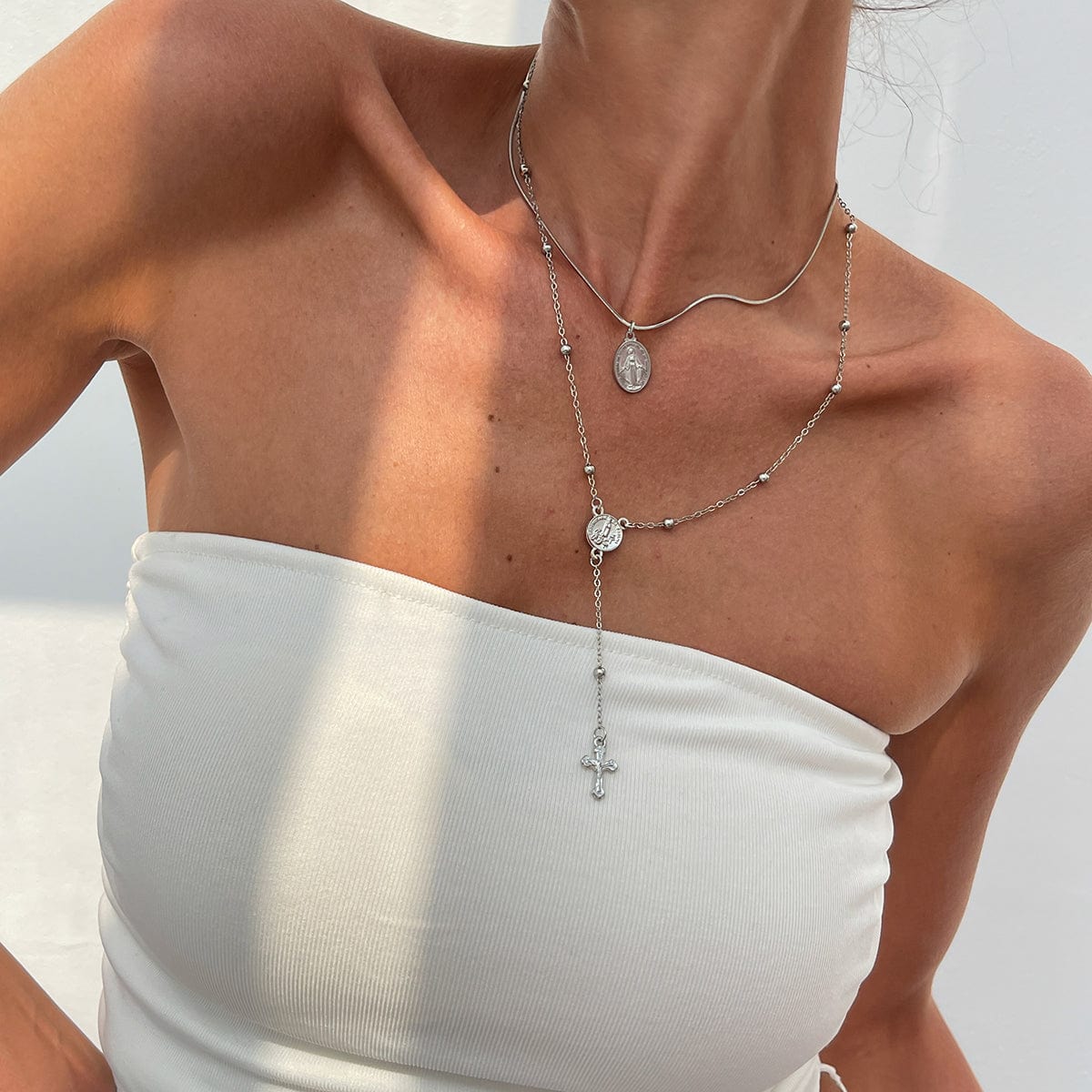 Chic 2pcs Pattern Round Disk Cross Pendant Saturn Chain Y Necklace Set - ArtGalleryZen