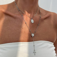 Thumbnail for Chic 2pcs Pattern Round Disk Cross Pendant Saturn Chain Y Necklace Set - ArtGalleryZen