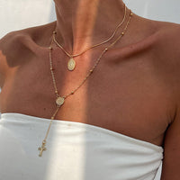 Thumbnail for Chic 2pcs Pattern Round Disk Cross Pendant Saturn Chain Y Necklace Set - ArtGalleryZen