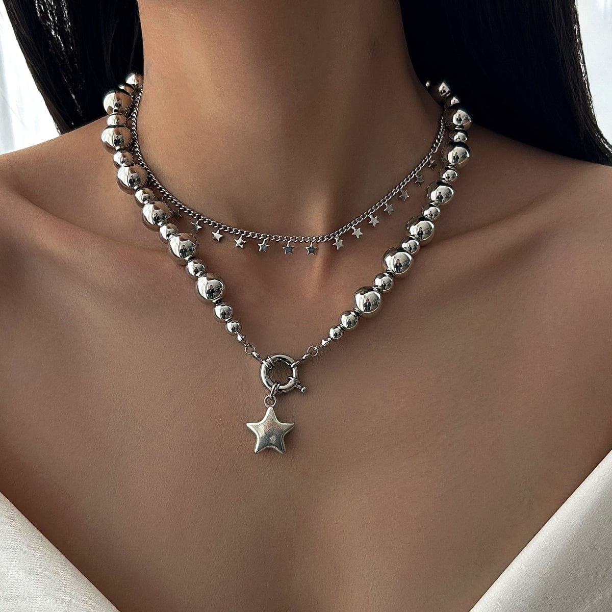 Chic 2pcs Silver Tone Star Tassel Ball Chain Necklace Set - ArtGalleryZen