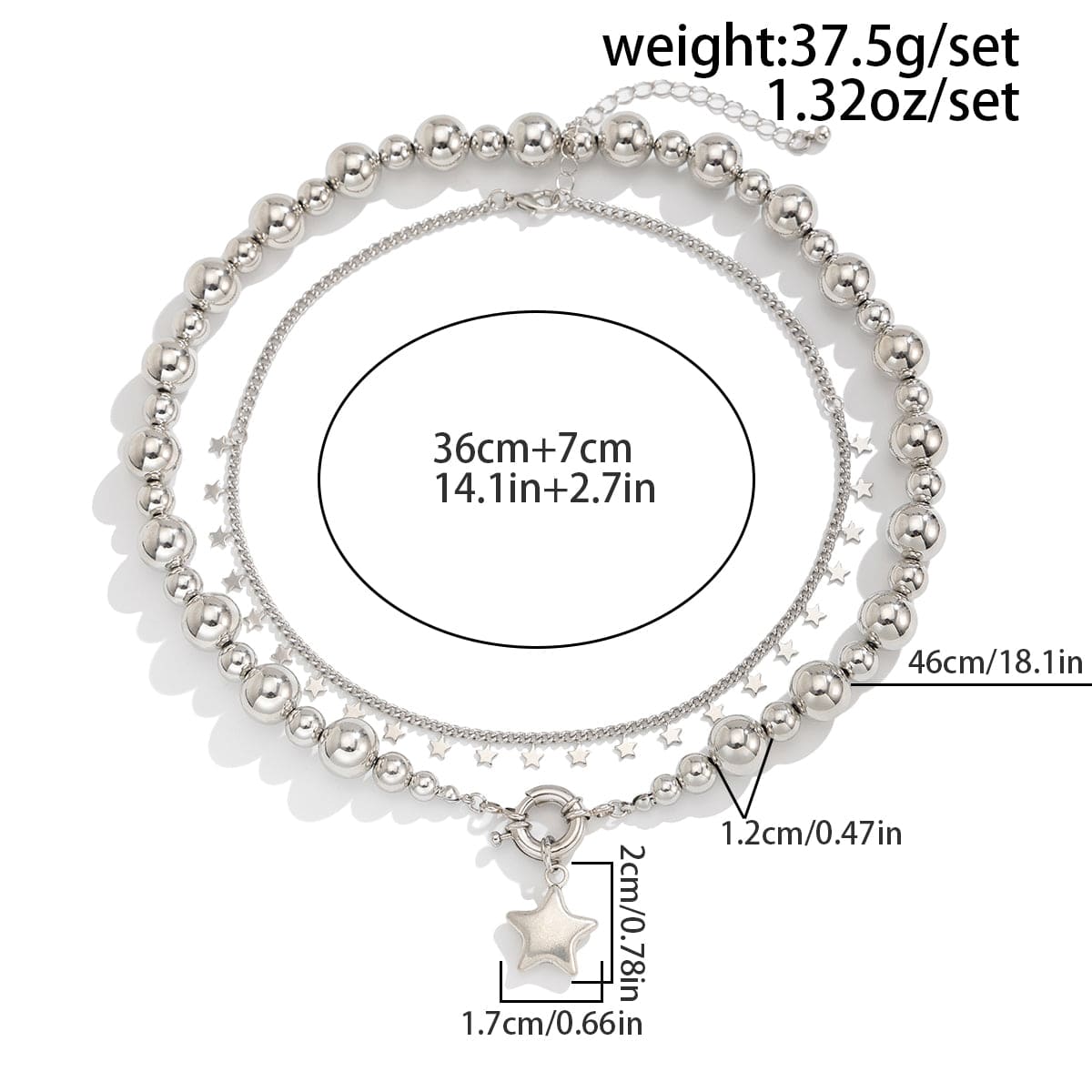 Chic 2pcs Silver Tone Star Tassel Ball Chain Necklace Set - ArtGalleryZen