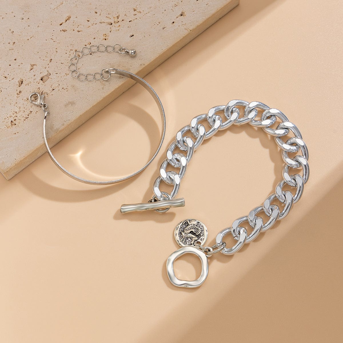 Chic 2pcs Silver Tone Toggle Clasp Relief Round Disk Charm Bracelet Set - ArtGalleryZen