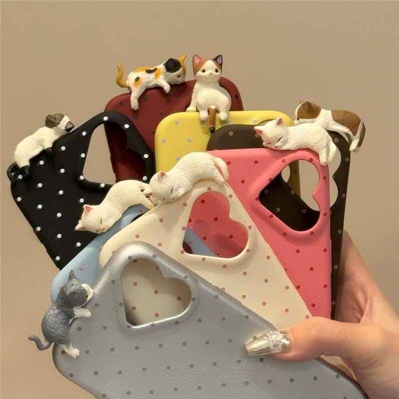 Chic 3D Kitten Polka Dot Leather iPhone Case - ArtGalleryZen