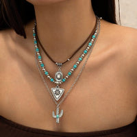 Thumbnail for Chic 3Pcs Cactus Cowboy Hat Floral Pendant Turquoise Necklace Set - ArtGalleryZen
