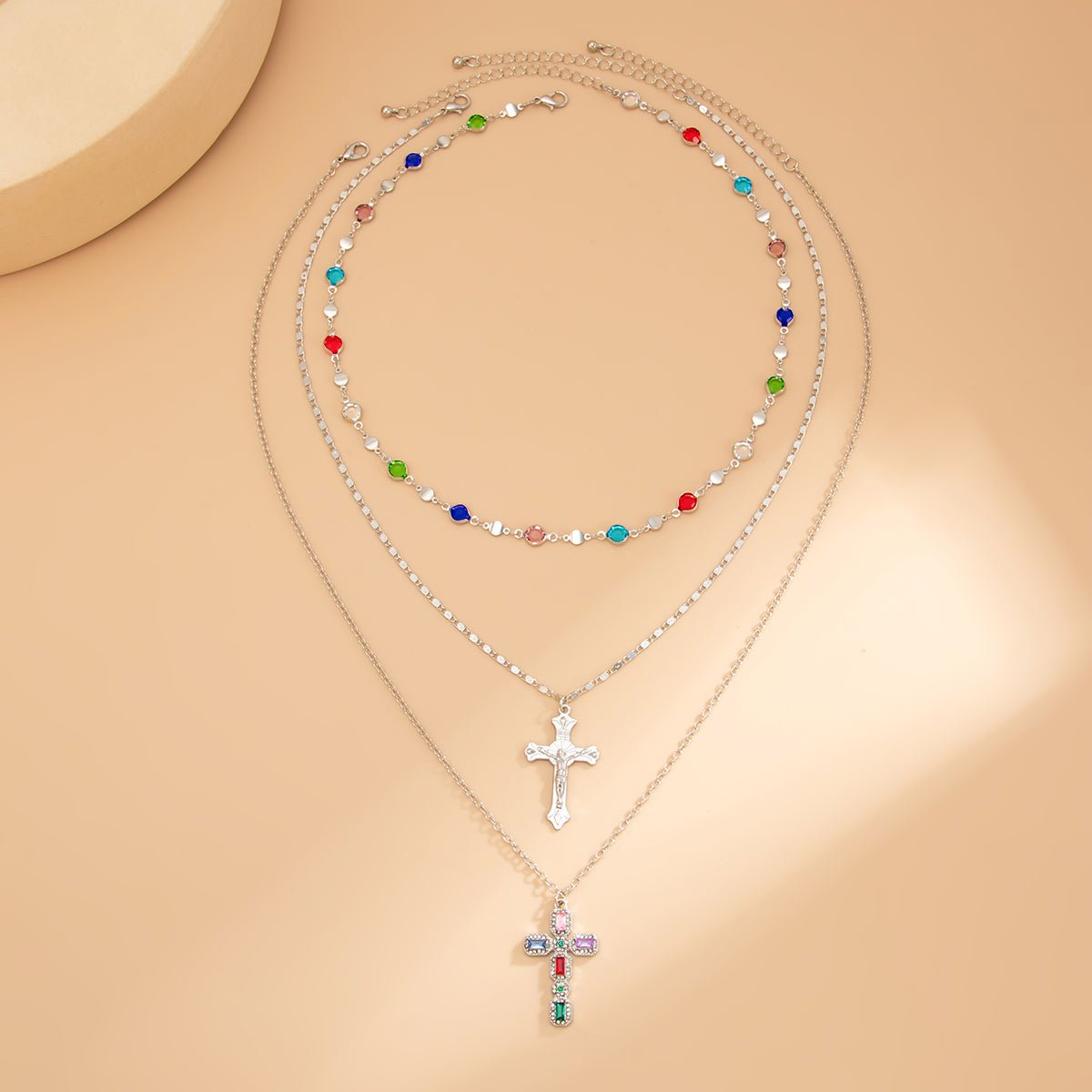 Chic 3pcs Colorful Rhinestone Inlay Cross Pendant Crystal Chain Necklace Set - ArtGalleryZen