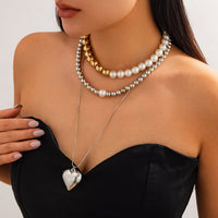 Thumbnail for Chic 3pcs Gold Silver Plated Heart Pendant Pearl Chain Necklace Set - ArtGalleryZen