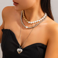 Thumbnail for Chic 3pcs Gold Silver Plated Heart Pendant Pearl Chain Necklace Set - ArtGalleryZen