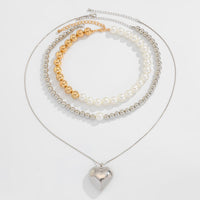 Thumbnail for Chic 3pcs Gold Silver Plated Heart Pendant Pearl Chain Necklace Set - ArtGalleryZen