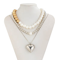 Thumbnail for Chic 3pcs Gold Silver Plated Heart Pendant Pearl Chain Necklace Set - ArtGalleryZen
