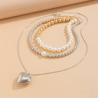 Thumbnail for Chic 3pcs Gold Silver Plated Heart Pendant Pearl Chain Necklace Set - ArtGalleryZen