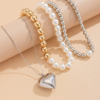 Thumbnail for Chic 3pcs Gold Silver Plated Heart Pendant Pearl Chain Necklace Set - ArtGalleryZen