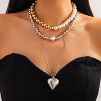 Thumbnail for Chic 3pcs Gold Silver Plated Heart Pendant Pearl Chain Necklace Set - ArtGalleryZen