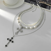 Thumbnail for Chic 3pcs Rhinestone Inlaid Hollow Cross Pendant Pearl Chain Necklace Set - ArtGalleryZen