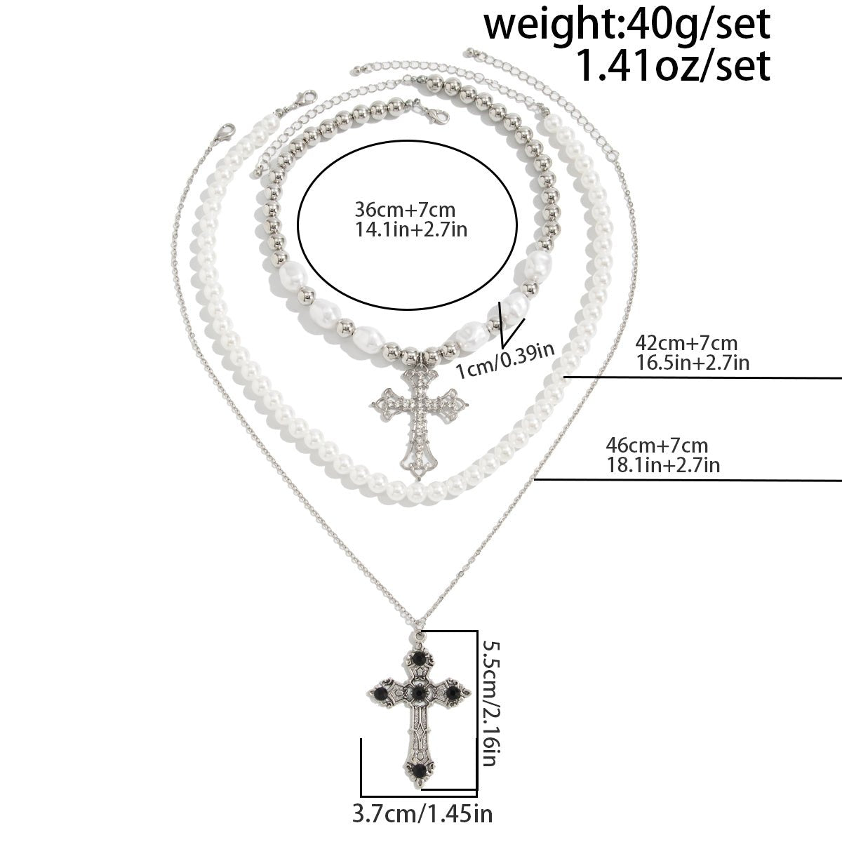 Chic 3pcs Rhinestone Inlaid Hollow Cross Pendant Pearl Chain Necklace Set - ArtGalleryZen
