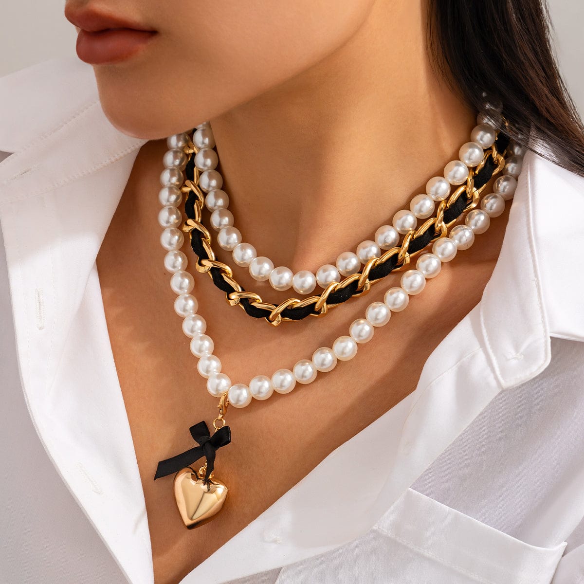 Chic 3pcs Ribbon Heart Pendant Pearl Chain Velvet Necklace Set - ArtGalleryZen