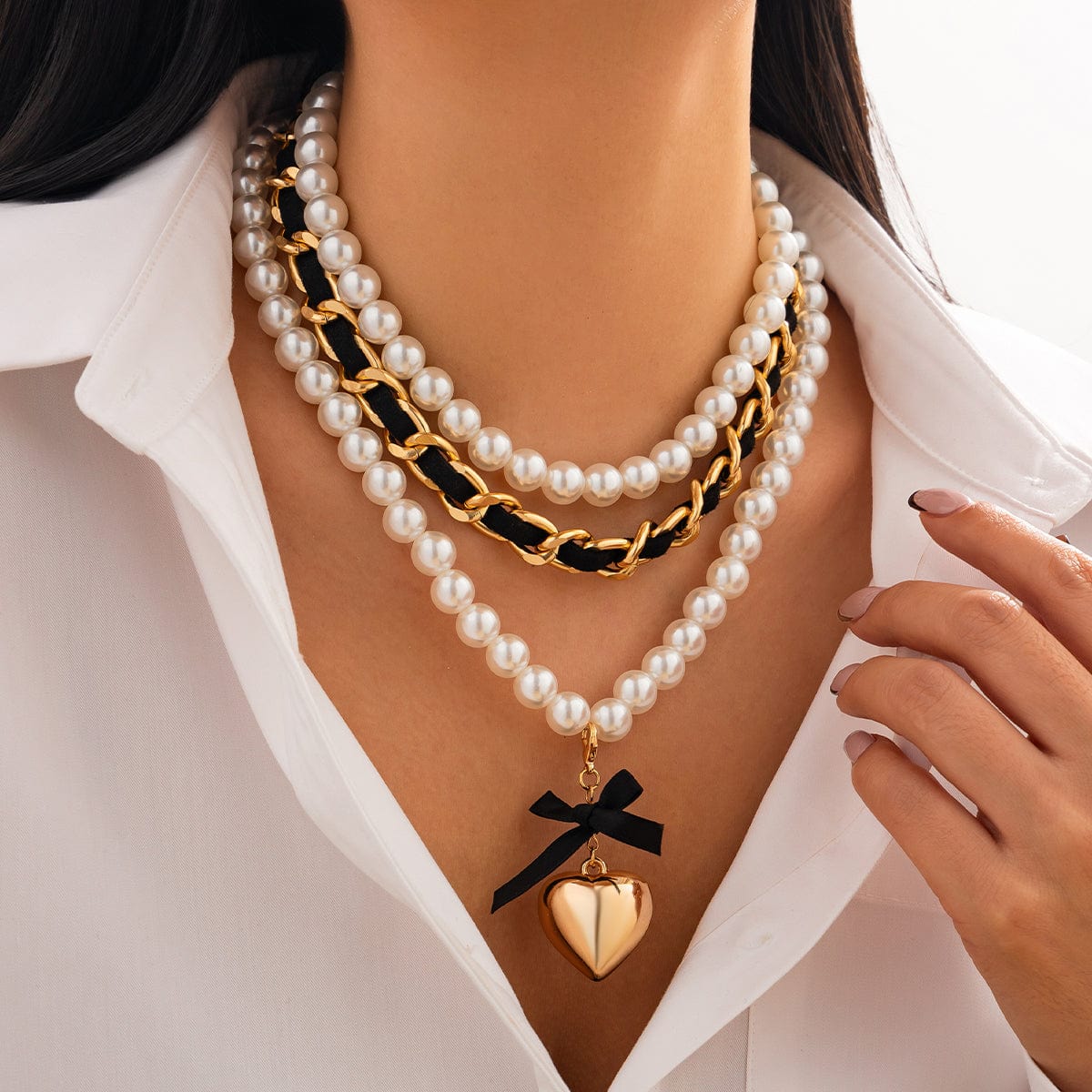 Chic 3pcs Ribbon Heart Pendant Pearl Chain Velvet Necklace Set - ArtGalleryZen