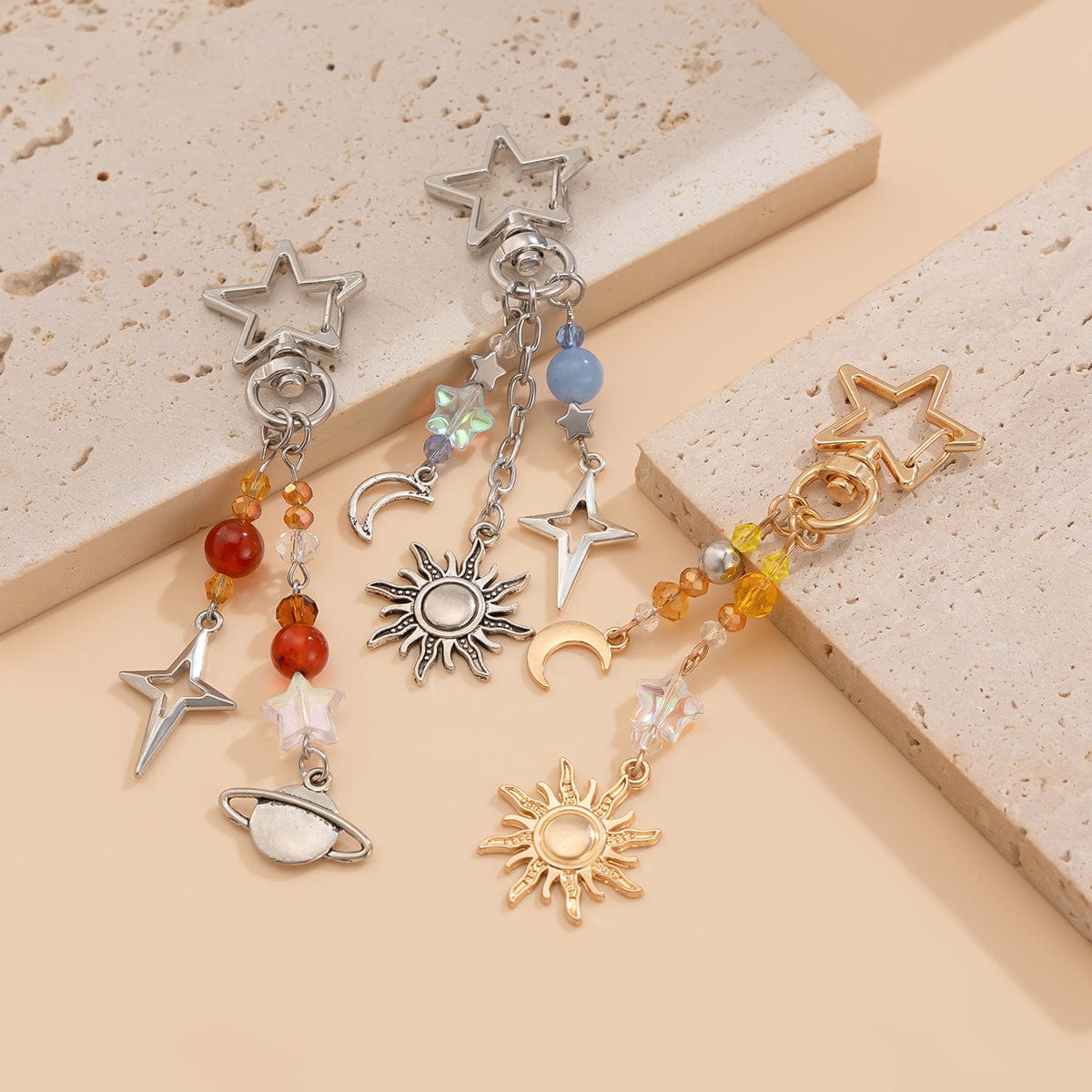 Chic 3Pcs Star Sun Moon Celestial Crystal Keychain Set - ArtGalleryZen