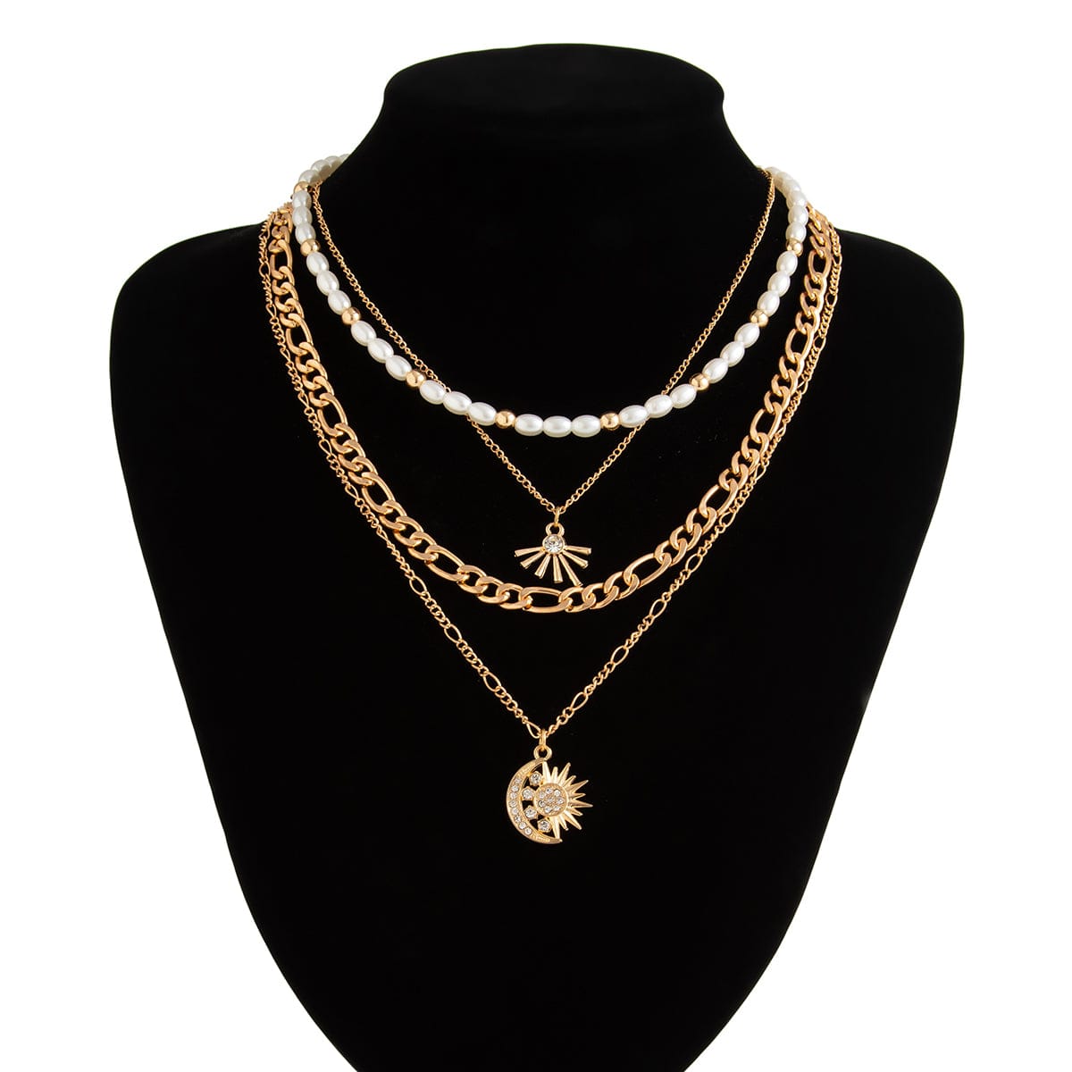 Chic 4pcs Rhinestone Inlaid Sun Moon Pendant Pearl Chain Necklace Set - ArtGalleryZen
