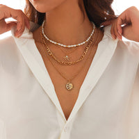 Thumbnail for Chic 4pcs Rhinestone Inlaid Sun Moon Pendant Pearl Chain Necklace Set - ArtGalleryZen
