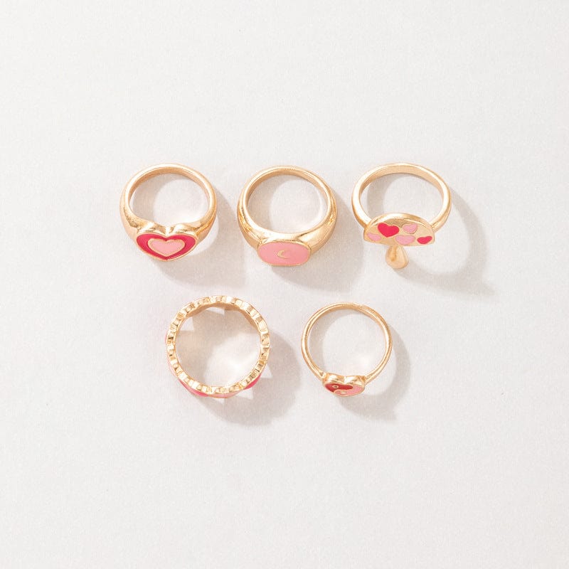 Chic 5 Pieces Pink Enamel Heart Ring Set - ArtGalleryZen