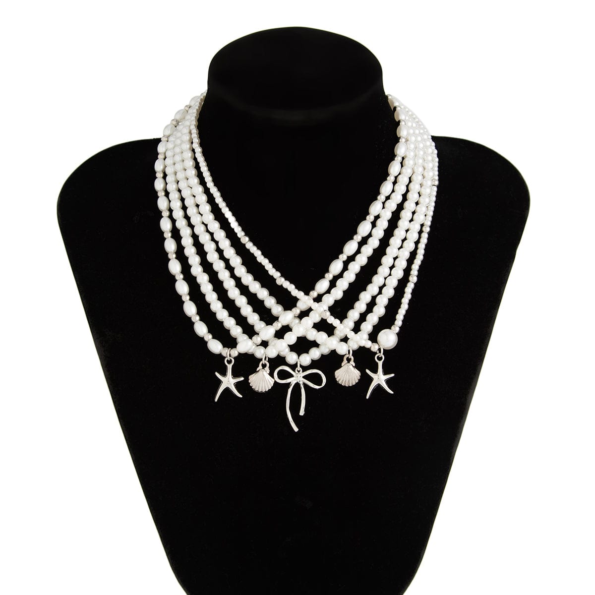 Chic 5pcs Bowknot Shell Starfish Pendant Pearl Chain Necklace Set - ArtGalleryZen